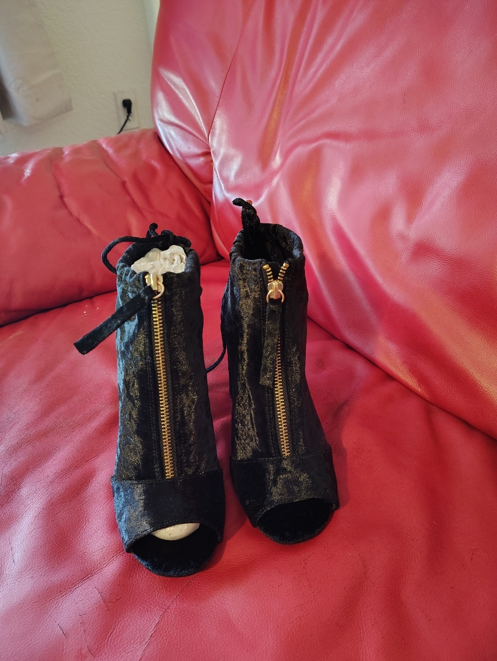 Qupid Black Velvet Peep-Toe Zip Ankle Booties